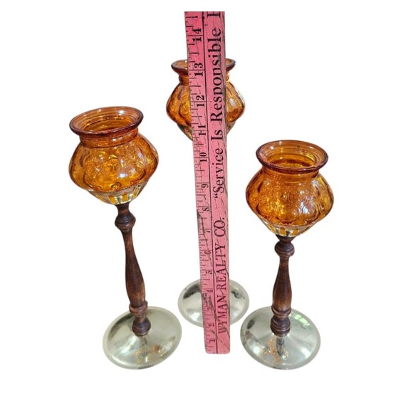 Vintage MCM Set of 3 Amber Glass, Wood, Brass Tealight Holder Centerpiece Candle - Picture 5 of 5